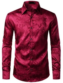 Men's Shiny Satin Rose Floral Jacquard Long Sleeve Button Up Dress Shirts for Party Prom