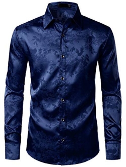 Men's Shiny Satin Rose Floral Jacquard Long Sleeve Button Up Dress Shirts for Party Prom