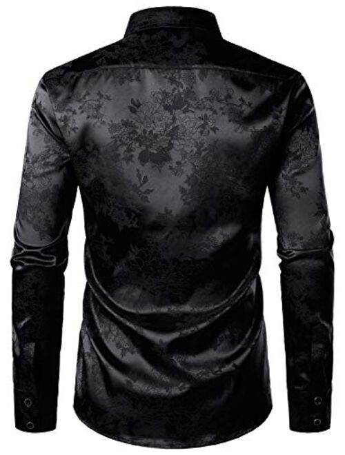 ZEROYAA Men's Shiny Satin Rose Floral Jacquard Long Sleeve Button Up Dress Shirts for Party Prom