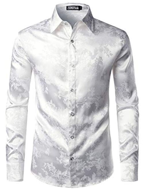 ZEROYAA Men's Shiny Satin Rose Floral Jacquard Long Sleeve Button Up Dress Shirts for Party Prom