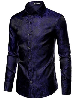 Men's Paisley Jacquard Slim Fit Long Sleeve Button Up Dress Shirt for Party Prom