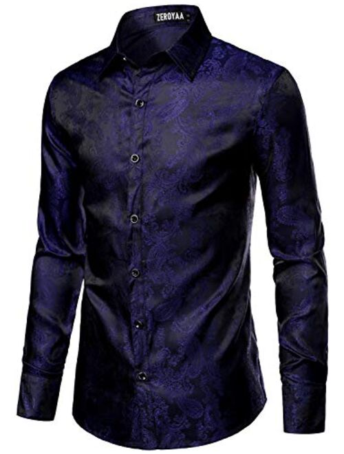 ZEROYAA Men's Paisley Jacquard Slim Fit Long Sleeve Button Up Dress Shirt for Party Prom