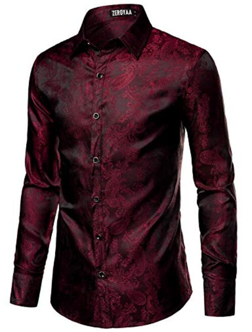 ZEROYAA Men's Paisley Jacquard Slim Fit Long Sleeve Button Up Dress Shirt for Party Prom