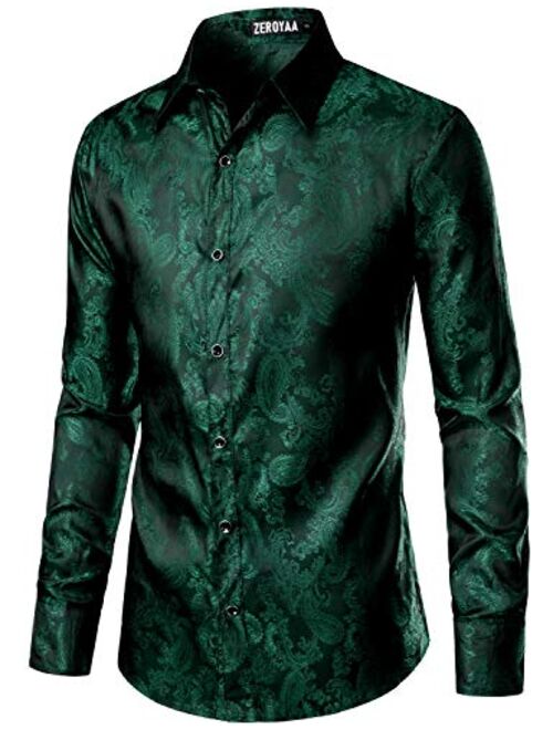 ZEROYAA Men's Paisley Jacquard Slim Fit Long Sleeve Button Up Dress Shirt for Party Prom