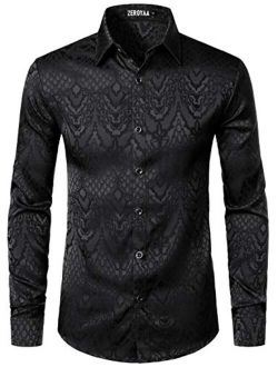 Men's Hipster Design Slim Fit Long Sleeve Jacquard Button Up Dress Shirts for Party Prom