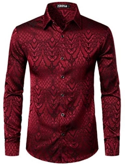 Men's Hipster Design Slim Fit Long Sleeve Jacquard Button Up Dress Shirts for Party Prom