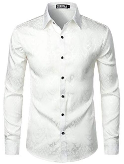 Men's Hipster Design Slim Fit Long Sleeve Jacquard Button Up Dress Shirts for Party Prom