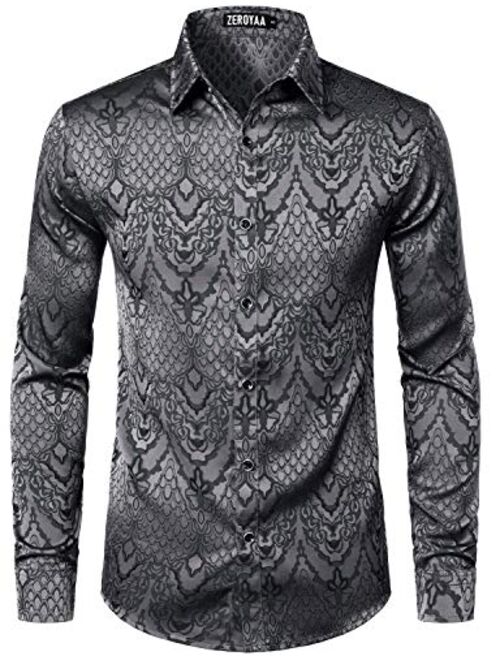 ZEROYAA Men's Hipster Design Slim Fit Long Sleeve Jacquard Button Up Dress Shirts for Party Prom