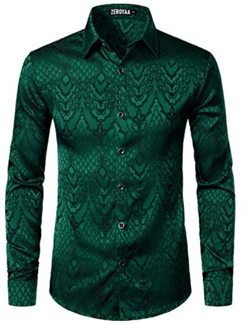 ZEROYAA Men's Hipster Design Slim Fit Long Sleeve Jacquard Button Up Dress Shirts for Party Prom