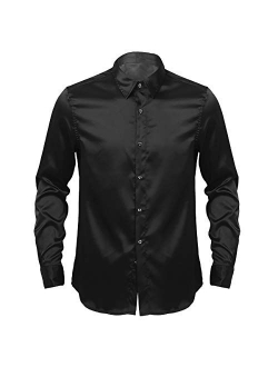 CHICTRY Men's Shiny Satin Silk Like Long Sleeve Dance Prom Button Down Dress Shirts