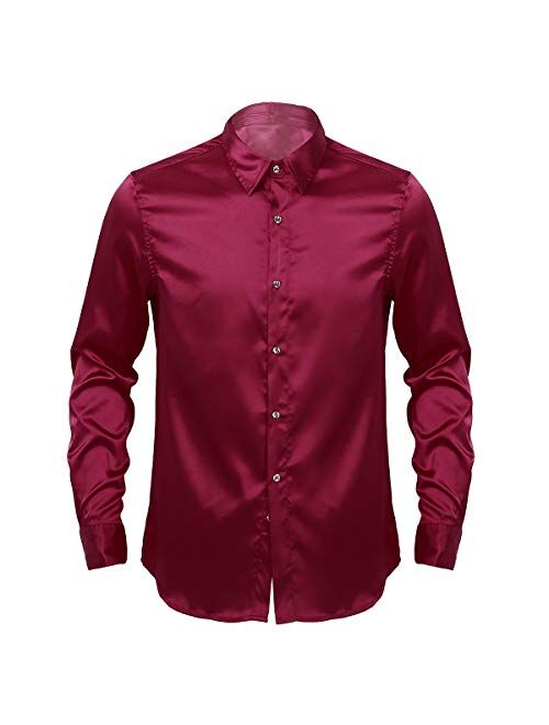 CHICTRY Men's Shiny Satin Silk Like Long Sleeve Dance Prom Button Down Dress Shirts