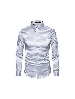 Men's Long Sleeve Dress Shirt Shiny Silk Like Satin Business Button Down Shirts