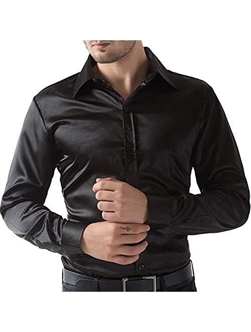 Men's Long Sleeve Dress Shirt Shiny Silk Like Satin Business Button Down Shirts