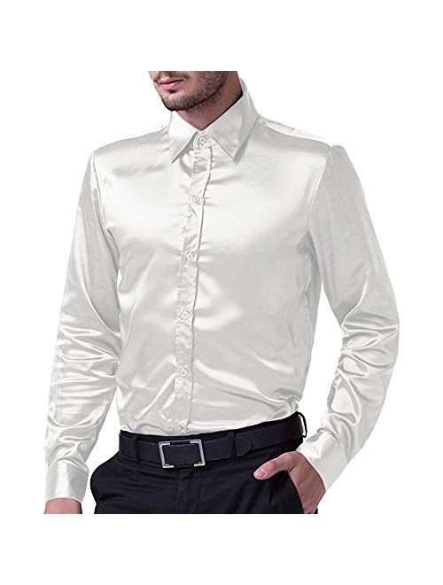 Men's Long Sleeve Dress Shirt Shiny Silk Like Satin Business Button Down Shirts