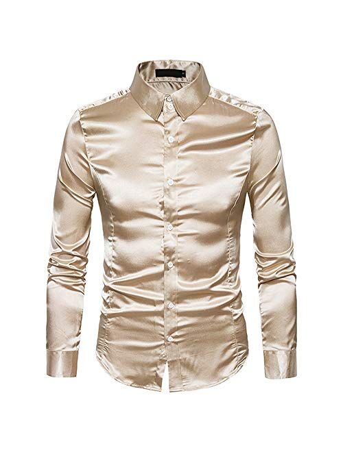 Men's Long Sleeve Dress Shirt Shiny Silk Like Satin Business Button Down Shirts