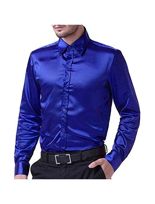 Men's Long Sleeve Dress Shirt Shiny Silk Like Satin Business Button Down Shirts