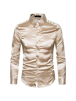 Mens Regular Shiny Silk Like Satin Shirts Slim Long Sleeve Button Down Tuxedo Shirts