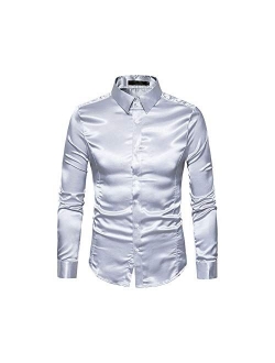 Mens Regular Shiny Silk Like Satin Shirts Slim Long Sleeve Button Down Tuxedo Shirts