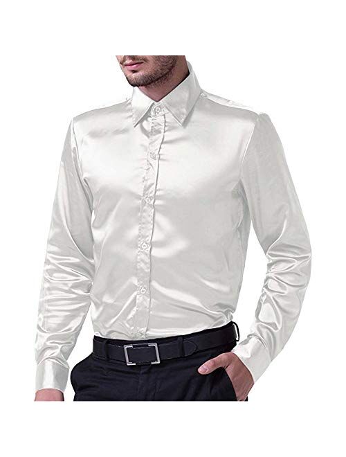 Mens Regular Shiny Silk Like Satin Shirts Slim Long Sleeve Button Down Tuxedo Shirts