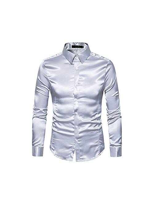 Mens Regular Shiny Silk Like Satin Shirts Slim Long Sleeve Button Down Tuxedo Shirts