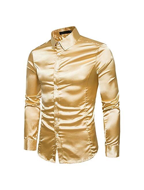 Mens Regular Shiny Silk Like Satin Shirts Slim Long Sleeve Button Down Tuxedo Shirts