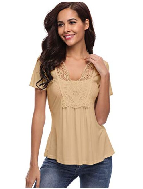 MISS MOLY Peasant Tops for Women Deep V-Neck Lace Ruched Front Ruffle Long Sleeve Blouse Pleated Shirts