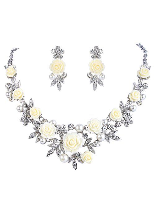 EVER FAITH Women's Austrian Crystal Simulated Pearl Rose Flower Leaf Necklace Pierced Earrings Set