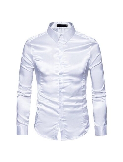 Cottory Men's Night Club Style Satin Weave Pure Color Button Down Shirts