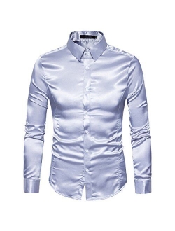 Cottory Men's Night Club Style Satin Weave Pure Color Button Down Shirts