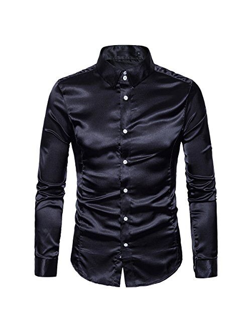 Cottory Men's Night Club Style Satin Weave Pure Color Button Down Shirts