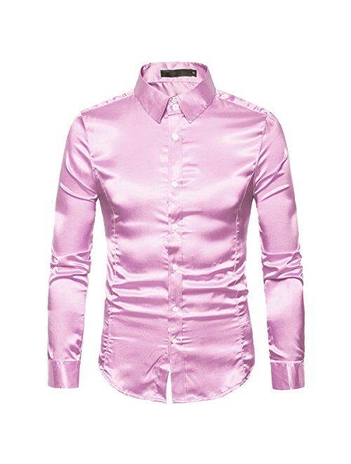 Cottory Men's Night Club Style Satin Weave Pure Color Button Down Shirts