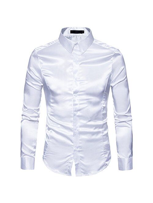 Cottory Men's Night Club Style Satin Weave Pure Color Button Down Shirts