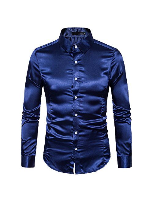 Cottory Men's Night Club Style Satin Weave Pure Color Button Down Shirts