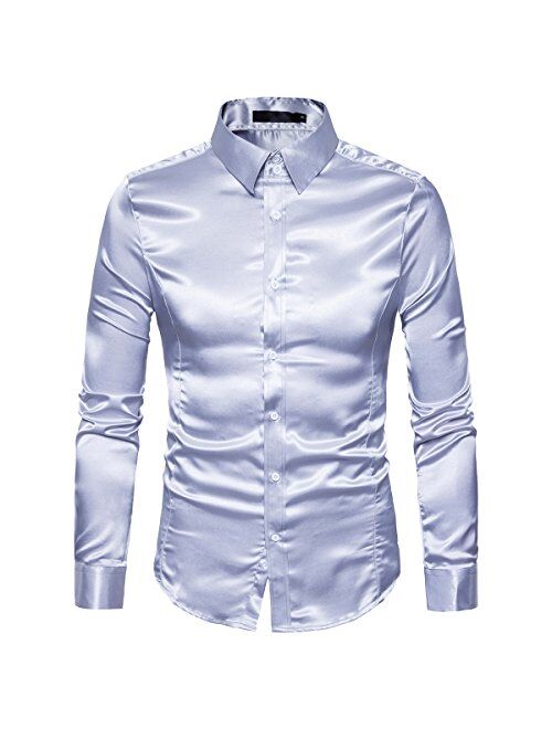 Cottory Men's Night Club Style Satin Weave Pure Color Button Down Shirts