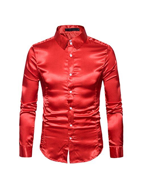 Cottory Men's Night Club Style Satin Weave Pure Color Button Down Shirts