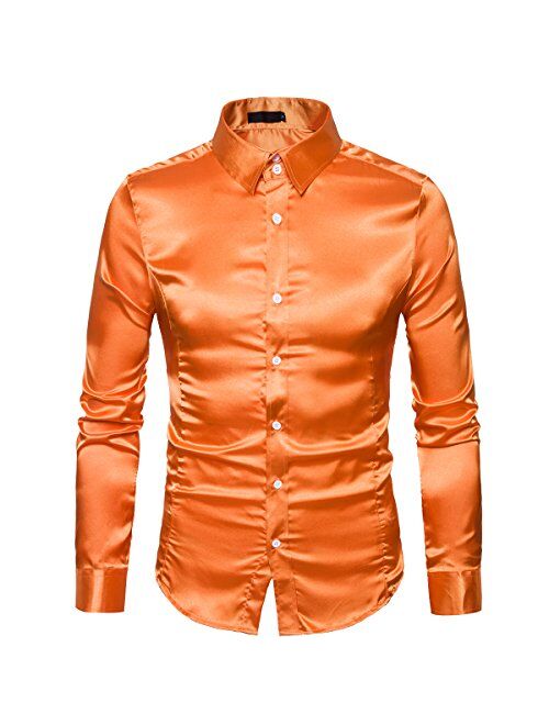 Cottory Men's Night Club Style Satin Weave Pure Color Button Down Shirts