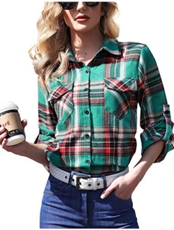 Enjoyoself 100% Cotton Women's Plaid Button Down Shirt Long Roll up Sleeve Blouse Casual Top