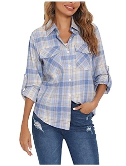 Enjoyoself 100% Cotton Women's Plaid Button Down Shirt Long Roll up Sleeve Blouse Casual Top