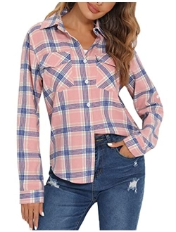 Enjoyoself 100% Cotton Women's Plaid Button Down Shirt Long Roll up Sleeve Blouse Casual Top