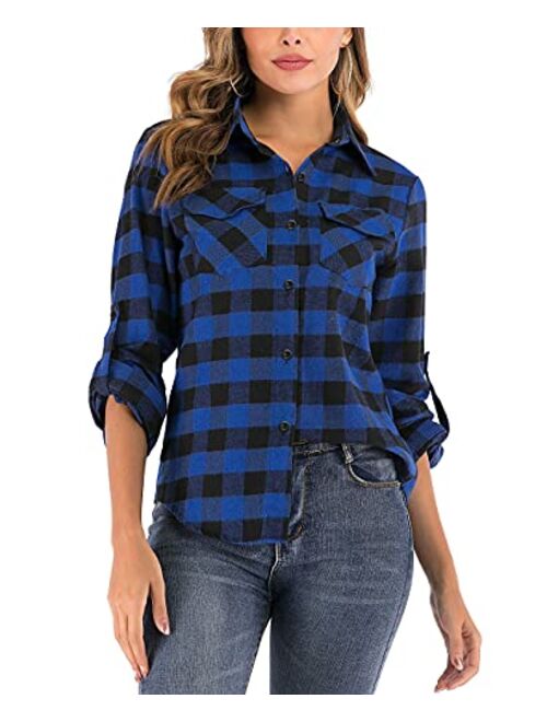 Enjoyoself 100% Cotton Women's Plaid Button Down Shirt Long Roll up Sleeve Blouse Casual Top