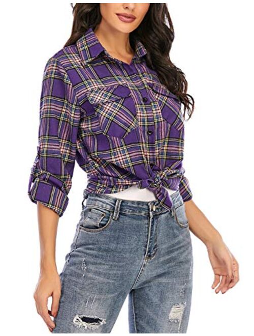 Enjoyoself 100% Cotton Women's Plaid Button Down Shirt Long Roll up Sleeve Blouse Casual Top