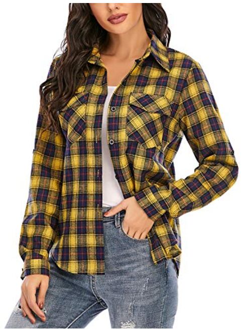 Enjoyoself 100% Cotton Women's Plaid Button Down Shirt Long Roll up Sleeve Blouse Casual Top