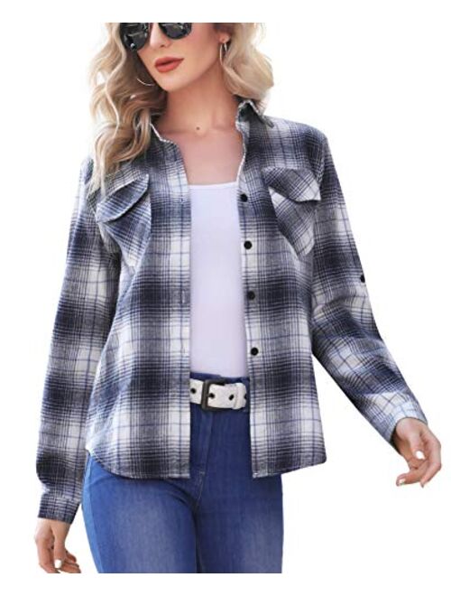 Enjoyoself 100% Cotton Women's Plaid Button Down Shirt Long Roll up Sleeve Blouse Casual Top