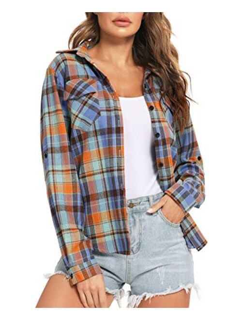 Enjoyoself 100% Cotton Women's Plaid Button Down Shirt Long Roll up Sleeve Blouse Casual Top