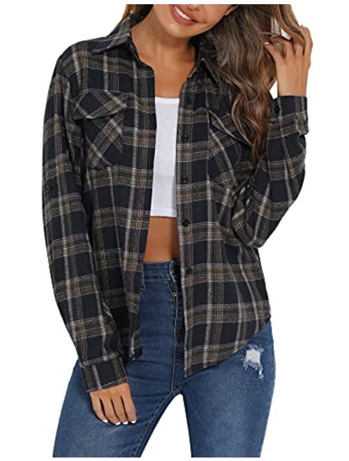 Enjoyoself 100% Cotton Women's Plaid Button Down Shirt Long Roll up Sleeve Blouse Casual Top