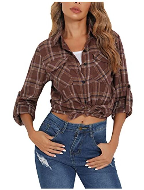 Enjoyoself 100% Cotton Women's Plaid Button Down Shirt Long Roll up Sleeve Blouse Casual Top