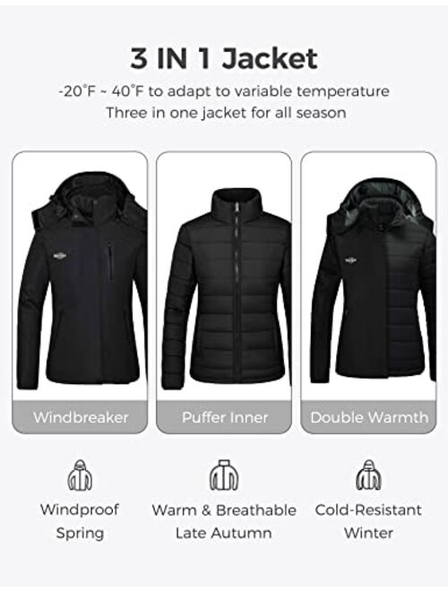 Wantdo Women's 3 in 1 Waterproof Ski Jacket Mountain Snowboarding Jacket Winter Snow Coat