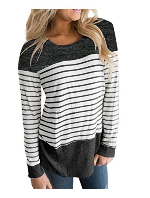 Vemvan Womens Long Sleeve Round Neck T Shirts Color Block Striped Causal Blouses Tops