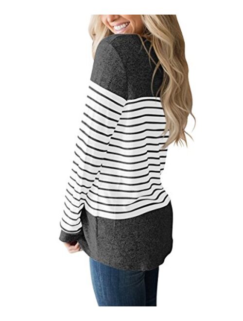 Vemvan Womens Long Sleeve Round Neck T Shirts Color Block Striped Causal Blouses Tops