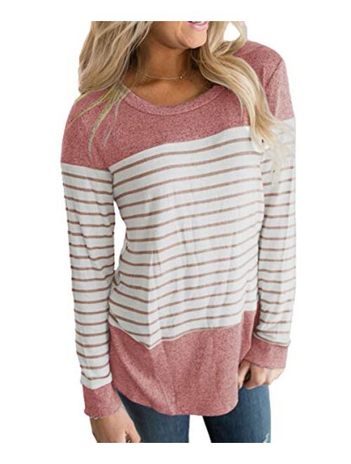 Vemvan Womens Long Sleeve Round Neck T Shirts Color Block Striped Causal Blouses Tops